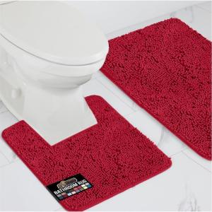 GORILLA GRIP Area Rug Sets 3 Piece, Bath Mat Set and Oval Toilet Base with Rubber Backing, Plush Absorbent Shaggy Chenille Washable Mats, Includes 24×19.5, 24×17 and 30×20 Inch Rugs, Grey(Red)