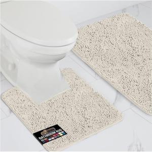 GORILLA GRIP Area Rug Sets 3 Piece, Bath Mat Set and Oval Toilet Base with Rubber Backing, Plush Absorbent Shaggy Chenille Washable Mats, Includes 24×19.5, 24×17 and 30×20 Inch Rugs, Grey(Ivory)