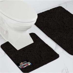 GORILLA GRIP Area Rug Sets 3 Piece, Bath Mat Set and Oval Toilet Base with Rubber Backing, Plush Absorbent Shaggy Chenille Washable Mats, Includes 24×19.5, 24×17 and 30×20 Inch Rugs, Grey(Black)