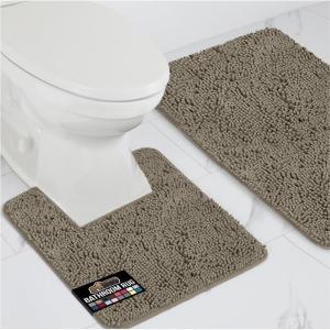 GORILLA GRIP Area Rug Sets 3 Piece, Bath Mat Set and Oval Toilet Base with Rubber Backing, Plush Absorbent Shaggy Chenille Washable Mats, Includes 24×19.5, 24×17 and 30×20 Inch Rugs, Grey(Latte)