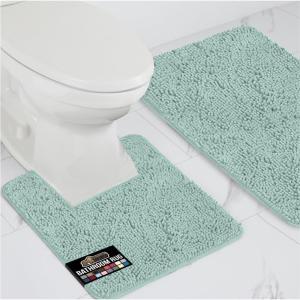 GORILLA GRIP Area Rug Sets 3 Piece, Bath Mat Set and Oval Toilet Base with Rubber Backing, Plush Absorbent Shaggy Chenille Washable Mats, Includes 24×19.5, 24×17 and 30×20 Inch Rugs, Grey(Seablue)