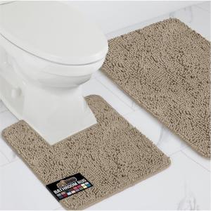 GORILLA GRIP Area Rug Sets 3 Piece, Bath Mat Set and Oval Toilet Base with Rubber Backing, Plush Absorbent Shaggy Chenille Washable Mats, Includes 24×19.5, 24×17 and 30×20 Inch Rugs, Grey(Gray Beige)