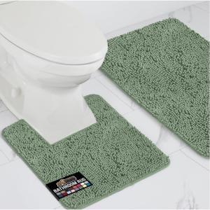 GORILLA GRIP Area Rug Sets 3 Piece, Bath Mat Set and Oval Toilet Base with Rubber Backing, Plush Absorbent Shaggy Chenille Washable Mats, Includes 24×19.5, 24×17 and 30×20 Inch Rugs, Grey(Sage)