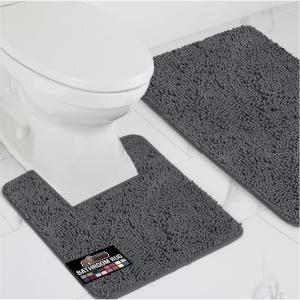 GORILLA GRIP Area Rug Sets 3 Piece, Bath Mat Set and Oval Toilet Base with Rubber Backing, Plush Absorbent Shaggy Chenille Washable Mats, Includes 24×19.5, 24×17 and 30×20 Inch Rugs, Grey(Charcoal)