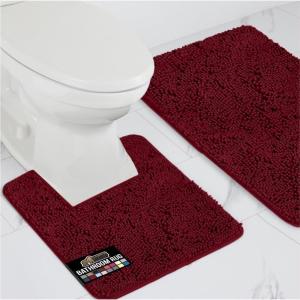 GORILLA GRIP Area Rug Sets 3 Piece, Bath Mat Set and Oval Toilet Base with Rubber Backing, Plush Absorbent Shaggy Chenille Washable Mats, Includes 24×19.5, 24×17 and 30×20 Inch Rugs, Grey(Burgundy)