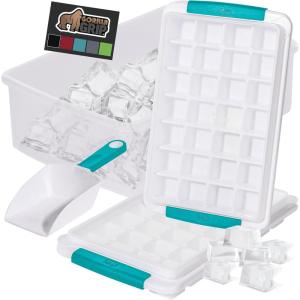 GORILLA GRIP BPA-Free Easy Release Ice Cube Tray for Freezer, Make Lots of Ice, 56 Cubes Total, Kit Includes 2 Stackable Leakproof Trays with Lid and Soft Handle Grips, Scooper, Bin, For Coffee, Black(Turquoise)