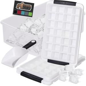 GORILLA GRIP BPA-Free Easy Release Ice Cube Tray for Freezer, Make Lots of Ice, 56 Cubes Total, Kit Includes 2 Stackable Leakproof Trays with Lid and Soft Handle Grips, Scooper, Bin, For Coffee, Black(Black)