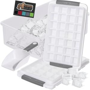 GORILLA GRIP BPA-Free Easy Release Ice Cube Tray for Freezer, Make Lots of Ice, 56 Cubes Total, Kit Includes 2 Stackable Leakproof Trays with Lid and Soft Handle Grips, Scooper, Bin, For Coffee, Black(Gray)