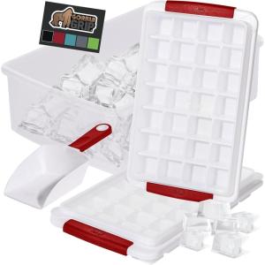 GORILLA GRIP BPA-Free Easy Release Ice Cube Tray for Freezer, Make Lots of Ice, 56 Cubes Total, Kit Includes 2 Stackable Leakproof Trays with Lid and Soft Handle Grips, Scooper, Bin, For Coffee, Black(Red)
