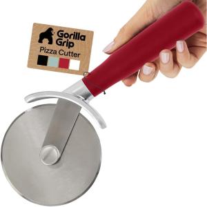 GORILLA GRIP BPA-Free Large Pizza Cutter Wheel, 9 Inch, Sharp Stainless Steel Blade, Slip Resistant Handle with Thumb Guard Protection, Slice Thick or Thin Pizzas, Pie, Pastries in Seconds, Black(Red)
