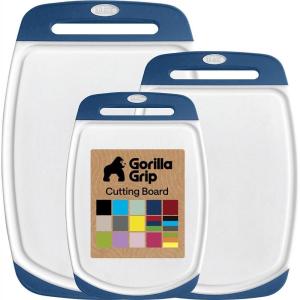 GORILLA GRIP BPA-Free Reversible Kitchen Cutting Board Set of 3, US Designed, Nonporous, Juice Grooves Catch Liquid, Slip Resistant Border, Dishwasher Safe, Durable Large Food Chopping Boards, Aqua(Blue/White)