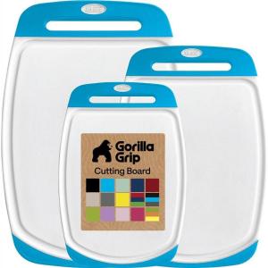 GORILLA GRIP BPA-Free Reversible Kitchen Cutting Board Set of 3, US Designed, Nonporous, Juice Grooves Catch Liquid, Slip Resistant Border, Dishwasher Safe, Durable Large Food Chopping Boards, Aqua(Aqua/White)