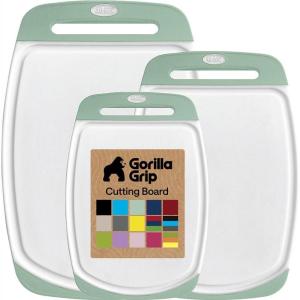 GORILLA GRIP BPA-Free Reversible Kitchen Cutting Board Set of 3, US Designed, Nonporous, Juice Grooves Catch Liquid, Slip Resistant Border, Dishwasher Safe, Durable Large Food Chopping Boards, Aqua(Mint/White)