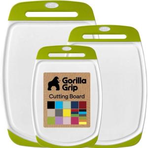 GORILLA GRIP BPA-Free Reversible Kitchen Cutting Board Set of 3, US Designed, Nonporous, Juice Grooves Catch Liquid, Slip Resistant Border, Dishwasher Safe, Durable Large Food Chopping Boards, Aqua(Lime/White)