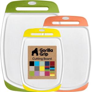 GORILLA GRIP BPA-Free Reversible Kitchen Cutting Board Set of 3, US Designed, Nonporous, Juice Grooves Catch Liquid, Slip Resistant Border, Dishwasher Safe, Durable Large Food Chopping Boards, Aqua(Lime/Orange/Lemon)