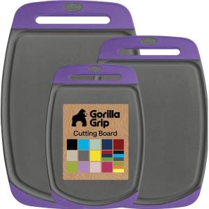 GORILLA GRIP BPA-Free Reversible Kitchen Cutting Board Set of 3, US Designed, Nonporous, Juice Grooves Catch Liquid, Slip Resistant Border, Dishwasher Safe, Durable Large Food Chopping Boards, Aqua(Gray/Purple)