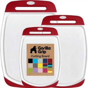 GORILLA GRIP BPA-Free Reversible Kitchen Cutting Board Set of 3, US Designed, Nonporous, Juice Grooves Catch Liquid, Slip Resistant Border, Dishwasher Safe, Durable Large Food Chopping Boards, Aqua(Red/White)