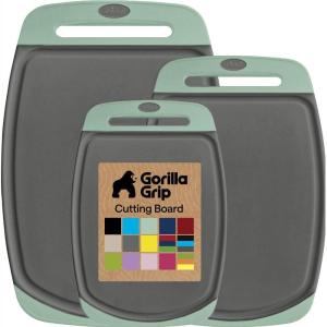 GORILLA GRIP BPA-Free Reversible Kitchen Cutting Board Set of 3, US Designed, Nonporous, Juice Grooves Catch Liquid, Slip Resistant Border, Dishwasher Safe, Durable Large Food Chopping Boards, Aqua(Gray/Mint)
