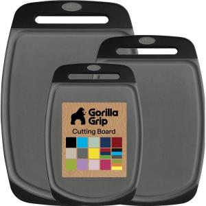 GORILLA GRIP BPA-Free Reversible Kitchen Cutting Board Set of 3, US Designed, Nonporous, Juice Grooves Catch Liquid, Slip Resistant Border, Dishwasher Safe, Durable Large Food Chopping Boards, Aqua(Gray/Black)