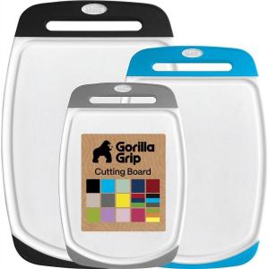 GORILLA GRIP BPA-Free Reversible Kitchen Cutting Board Set of 3, US Designed, Nonporous, Juice Grooves Catch Liquid, Slip Resistant Border, Dishwasher Safe, Durable Large Food Chopping Boards, Aqua(Gray/Black/Aqua)