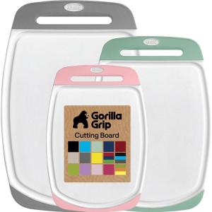 GORILLA GRIP BPA-Free Reversible Kitchen Cutting Board Set of 3, US Designed, Nonporous, Juice Grooves Catch Liquid, Slip Resistant Border, Dishwasher Safe, Durable Large Food Chopping Boards, Aqua(Gray/Mint/Light Pink)