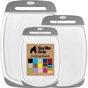 GORILLA GRIP BPA-Free Reversible Kitchen Cutting Board Set of 3, US Designed, Nonporous, Juice Grooves Catch Liquid, Slip Resistant Border, Dishwasher Safe, Durable Large Food Chopping Boards, Aqua(Gray/White)