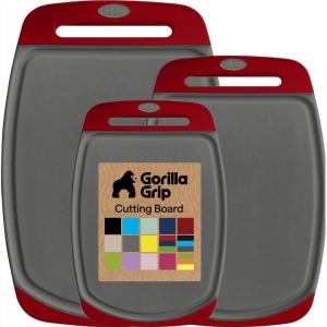 GORILLA GRIP BPA-Free Reversible Kitchen Cutting Board Set of 3, US Designed, Nonporous, Juice Grooves Catch Liquid, Slip Resistant Border, Dishwasher Safe, Durable Large Food Chopping Boards, Aqua(Gray/Red)