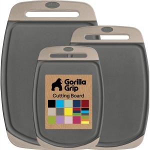 GORILLA GRIP BPA-Free Reversible Kitchen Cutting Board Set of 3, US Designed, Nonporous, Juice Grooves Catch Liquid, Slip Resistant Border, Dishwasher Safe, Durable Large Food Chopping Boards, Aqua(Gray/Almond)