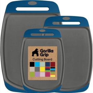 GORILLA GRIP BPA-Free Reversible Kitchen Cutting Board Set of 3, US Designed, Nonporous, Juice Grooves Catch Liquid, Slip Resistant Border, Dishwasher Safe, Durable Large Food Chopping Boards, Aqua(Gray/Blue)