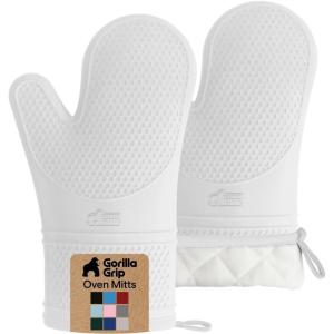 GORILLA GRIP BPA-Free Soft Silicone Oven Mitts, Heat Resistant and Waterproof Cooking Gloves, Thick Cotton Lining, Flexible Gripping for Baking Grilling, Kitchen Potholders Set of 2, 12.5×8.3, White(White)