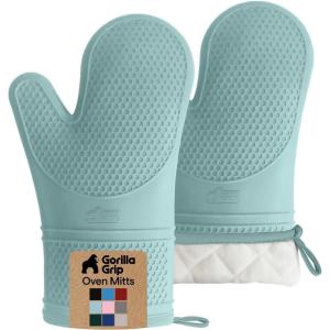 GORILLA GRIP BPA-Free Soft Silicone Oven Mitts, Heat Resistant and Waterproof Cooking Gloves, Thick Cotton Lining, Flexible Gripping for Baking Grilling, Kitchen Potholders Set of 2, 12.5×8.3, White(Mint)