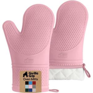 GORILLA GRIP BPA-Free Soft Silicone Oven Mitts, Heat Resistant and Waterproof Cooking Gloves, Thick Cotton Lining, Flexible Gripping for Baking Grilling, Kitchen Potholders Set of 2, 12.5×8.3, White(Pink)