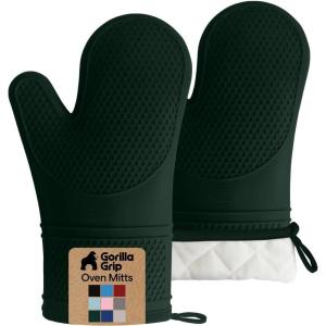 GORILLA GRIP BPA-Free Soft Silicone Oven Mitts, Heat Resistant and Waterproof Cooking Gloves, Thick Cotton Lining, Flexible Gripping for Baking Grilling, Kitchen Potholders Set of 2, 12.5×8.3, White(Hunter Green)