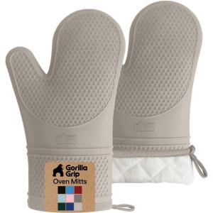GORILLA GRIP BPA-Free Soft Silicone Oven Mitts, Heat Resistant and Waterproof Cooking Gloves, Thick Cotton Lining, Flexible Gripping for Baking Grilling, Kitchen Potholders Set of 2, 12.5×8.3, White(Almond)
