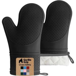 GORILLA GRIP BPA-Free Soft Silicone Oven Mitts, Heat Resistant and Waterproof Cooking Gloves, Thick Cotton Lining, Flexible Gripping for Baking Grilling, Kitchen Potholders Set of 2, 12.5×8.3, White(Black)