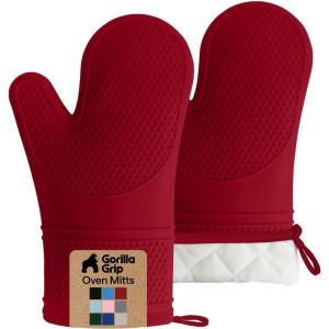 GORILLA GRIP BPA-Free Soft Silicone Oven Mitts, Heat Resistant and Waterproof Cooking Gloves, Thick Cotton Lining, Flexible Gripping for Baking Grilling, Kitchen Potholders Set of 2, 12.5×8.3, White(Red)