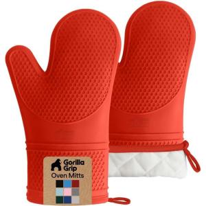 GORILLA GRIP BPA-Free Soft Silicone Oven Mitts, Heat Resistant and Waterproof Cooking Gloves, Thick Cotton Lining, Flexible Gripping for Baking Grilling, Kitchen Potholders Set of 2, 12.5×8.3, White(Coral)