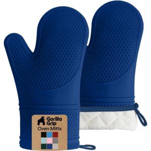 GORILLA GRIP BPA-Free Soft Silicone Oven Mitts, Heat Resistant and Waterproof Cooking Gloves, Thick Cotton Lining, Flexible Gripping for Baking Grilling, Kitchen Potholders Set of 2, 12.5×8.3, White(Blue)