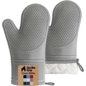 GORILLA GRIP BPA-Free Soft Silicone Oven Mitts, Heat Resistant and Waterproof Cooking Gloves, Thick Cotton Lining, Flexible Gripping for Baking Grilling, Kitchen Potholders Set of 2, 12.5×8.3, White(Gray)