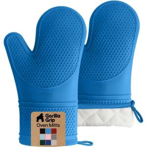 GORILLA GRIP BPA-Free Soft Silicone Oven Mitts, Heat Resistant and Waterproof Cooking Gloves, Thick Cotton Lining, Flexible Gripping for Baking Grilling, Kitchen Potholders Set of 2, 12.5×8.3, White(Aqua)