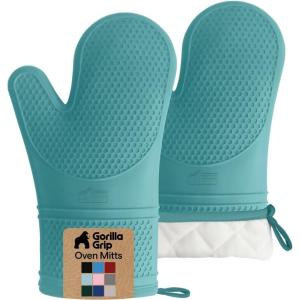 GORILLA GRIP BPA-Free Soft Silicone Oven Mitts, Heat Resistant and Waterproof Cooking Gloves, Thick Cotton Lining, Flexible Gripping for Baking Grilling, Kitchen Potholders Set of 2, 12.5×8.3, White(Turquoise)