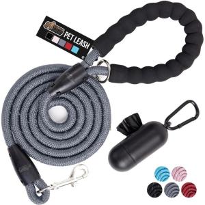 GORILLA GRIP Dog Leash, Heavy Duty Reflective Rope Leashes for Large, Medium, Small Breed Dogs, Puppy Training Essential for Walks, Hikes, Soft Handle, Rotating Metal Clip, Waste Bag Dispenser, Blue(Gray)