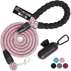 GORILLA GRIP Dog Leash, Heavy Duty Reflective Rope Leashes for Large, Medium, Small Breed Dogs, Puppy Training Essential for Walks, Hikes, Soft Handle, Rotating Metal Clip, Waste Bag Dispenser, Blue(Pink)