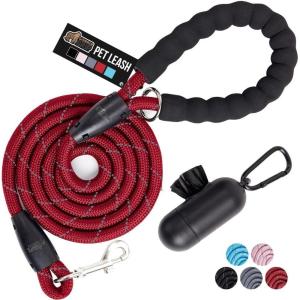 GORILLA GRIP Dog Leash, Heavy Duty Reflective Rope Leashes for Large, Medium, Small Breed Dogs, Puppy Training Essential for Walks, Hikes, Soft Handle, Rotating Metal Clip, Waste Bag Dispenser, Blue(Red)