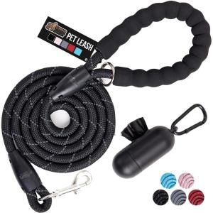 GORILLA GRIP Dog Leash, Heavy Duty Reflective Rope Leashes for Large, Medium, Small Breed Dogs, Puppy Training Essential for Walks, Hikes, Soft Handle, Rotating Metal Clip, Waste Bag Dispenser, Blue(Black)