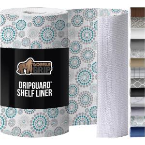 GORILLA GRIP DripGuard Shelf Liner, Non-Adhesive Drawer and Kitchen Cabinet Protector, Strong Grip Slip Resistant Underside, Smooth Surface Liners for Cabinets, Bathrooms, Closets, 12×120 Inch, Gray(Spiral Gray Turquoise White)
