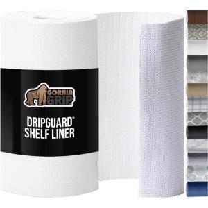 GORILLA GRIP DripGuard Shelf Liner, Non-Adhesive Drawer and Kitchen Cabinet Protector, Strong Grip Slip Resistant Underside, Smooth Surface Liners for Cabinets, Bathrooms, Closets, 12×120 Inch, Gray(White)