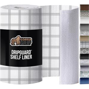 GORILLA GRIP DripGuard Shelf Liner, Non-Adhesive Drawer and Kitchen Cabinet Protector, Strong Grip Slip Resistant Underside, Smooth Surface Liners for Cabinets, Bathrooms, Closets, 12×120 Inch, White(Stripe: Gray/White)