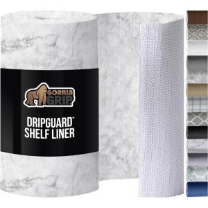 GORILLA GRIP DripGuard Shelf Liner, Non-Adhesive Drawer and Kitchen Cabinet Protector, Strong Grip Slip Resistant Underside, Smooth Surface Liners for Cabinets, Bathrooms, Closets, 17.5×240 Inch, Gray(Marble)