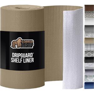 GORILLA GRIP DripGuard Shelf Liner, Non-Adhesive Drawer and Kitchen Cabinet Protector, Strong Grip Slip Resistant Underside, Smooth Surface Liners for Cabinets, Bathrooms, Closets, 17.5×240 Inch, Gray(Beige)
